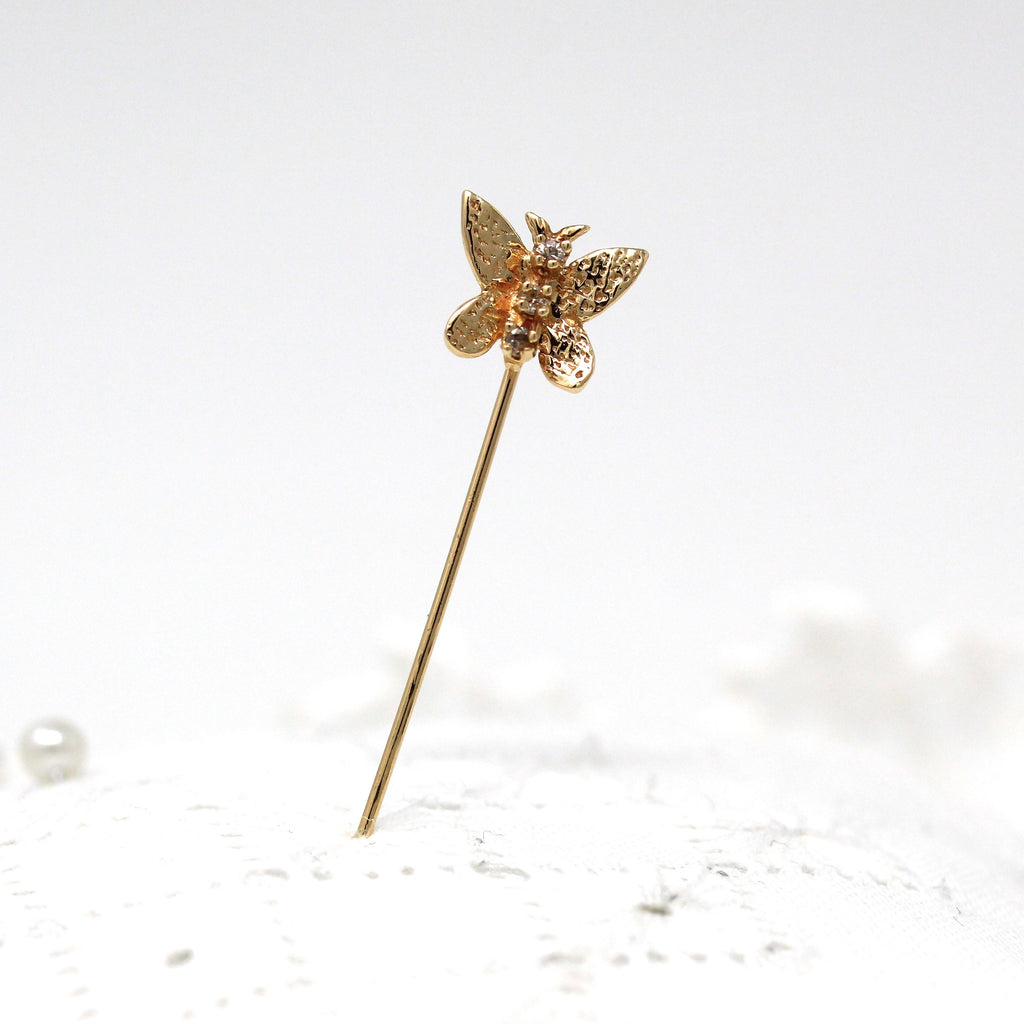 Sale - Butterfly Stick Pin - Retro 14k Yellow Gold Winged Bug Genuine .03 CTW Diamonds - Vintage 1960s Era Fashion Accessory Insect Jewelry