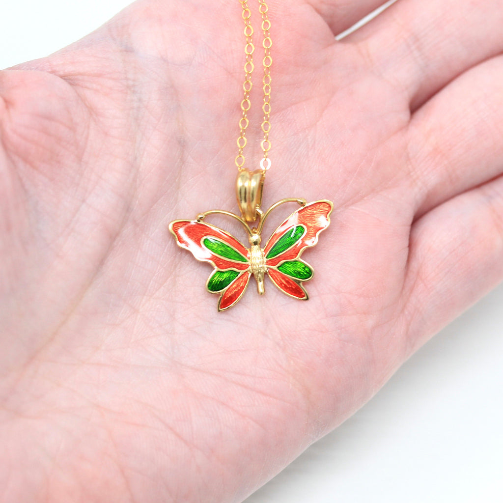 Sale - Modern Butterfly Charm - Estate 14k Yellow Gold Orange Green Enamel Insect Pendant Necklace - Circa 2000's Statement Bug Fine Jewelry