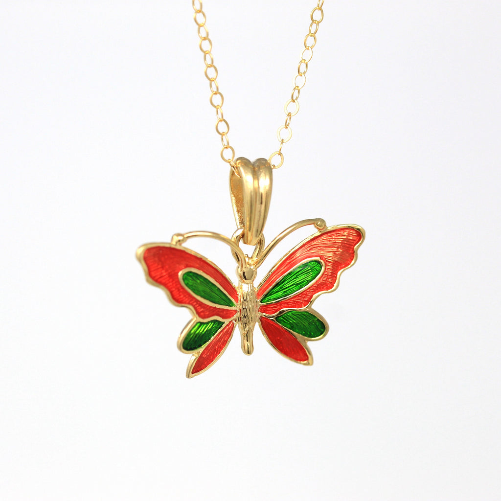 Sale - Modern Butterfly Charm - Estate 14k Yellow Gold Orange Green Enamel Insect Pendant Necklace - Circa 2000's Statement Bug Fine Jewelry
