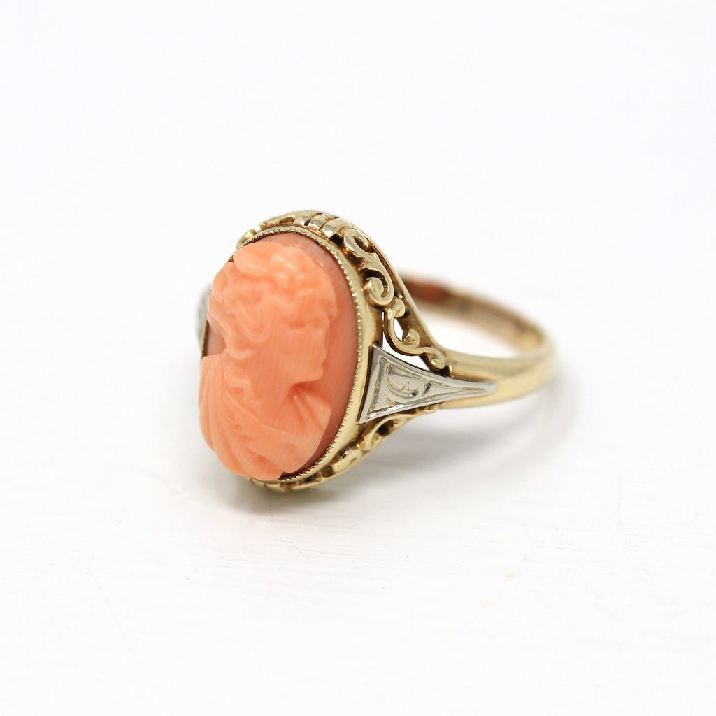 Sale - Antique Coral Ring - Art Deco Era 14k Yellow Gold Carved Pink Cameo Gem - Vintage Circa 1930s Size 7 Filigree Setting Fine Jewelry