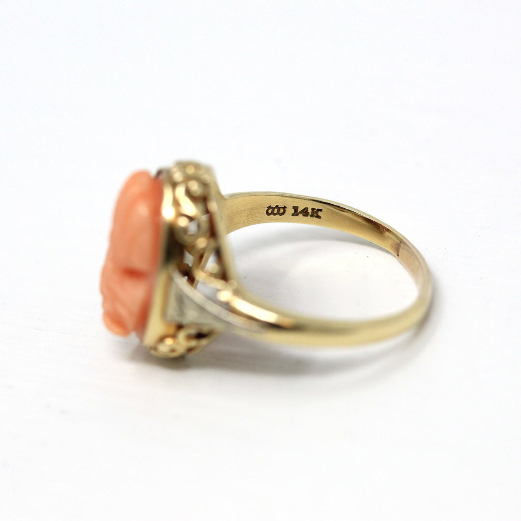 Sale - Antique Coral Ring - Art Deco Era 14k Yellow Gold Carved Pink Cameo Gem - Vintage Circa 1930s Size 7 Filigree Setting Fine Jewelry