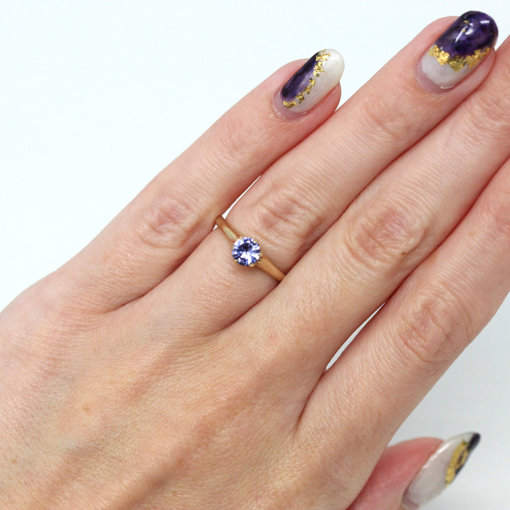 Sale - Created Color Change Sapphire Ring - Retro 10k Yellow Gold Violet Blue Purple .44 CT Stone - Circa 1960s Era Size 4 3/4 Fine Jewelry