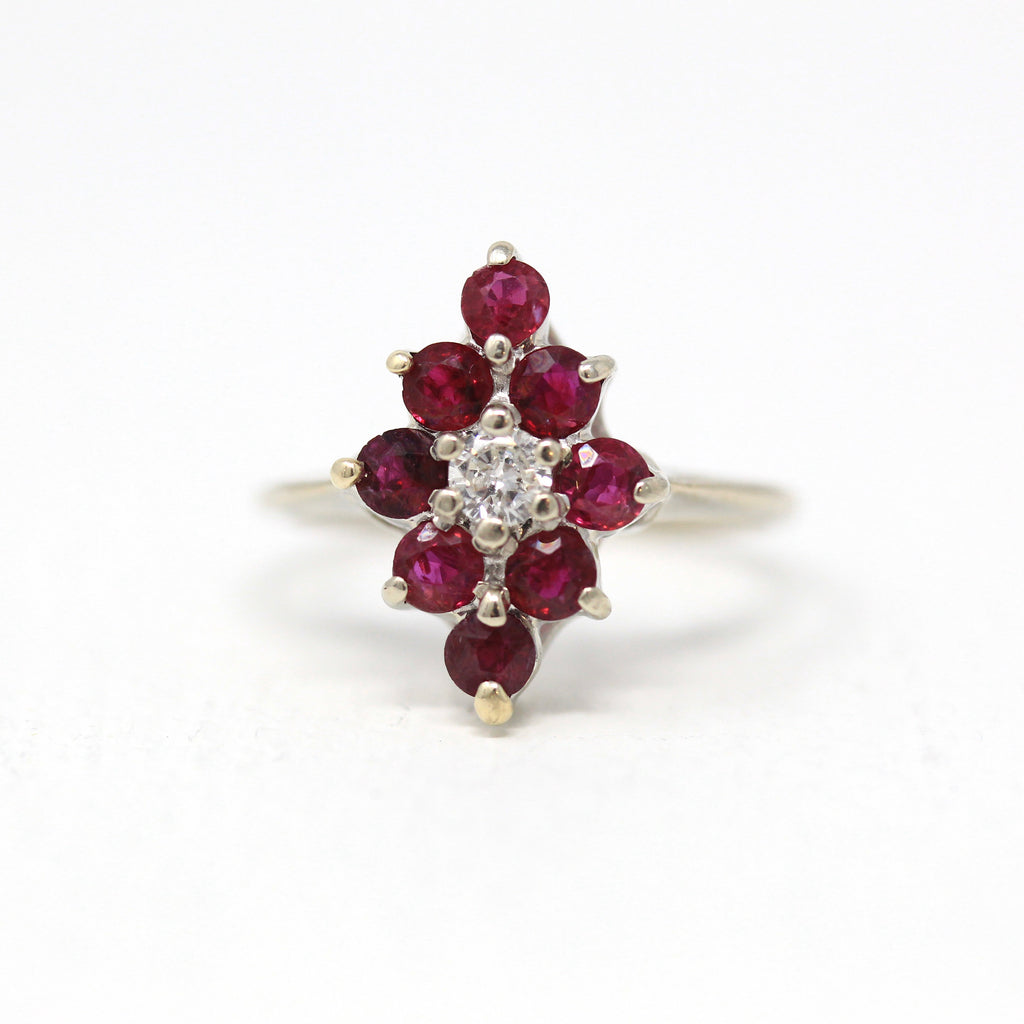 Sale - Modern Navette Ring - Estate 14k White Gold Marquise Cluster Glass Filled Ruby - Modern 2000's Size 5.25 Diamond .2 CT Fine Jewelry