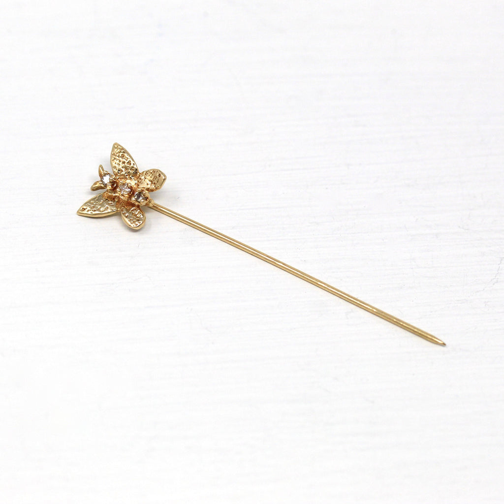 Sale - Butterfly Stick Pin - Retro 14k Yellow Gold Winged Bug Genuine .03 CTW Diamonds - Vintage 1960s Era Fashion Accessory Insect Jewelry
