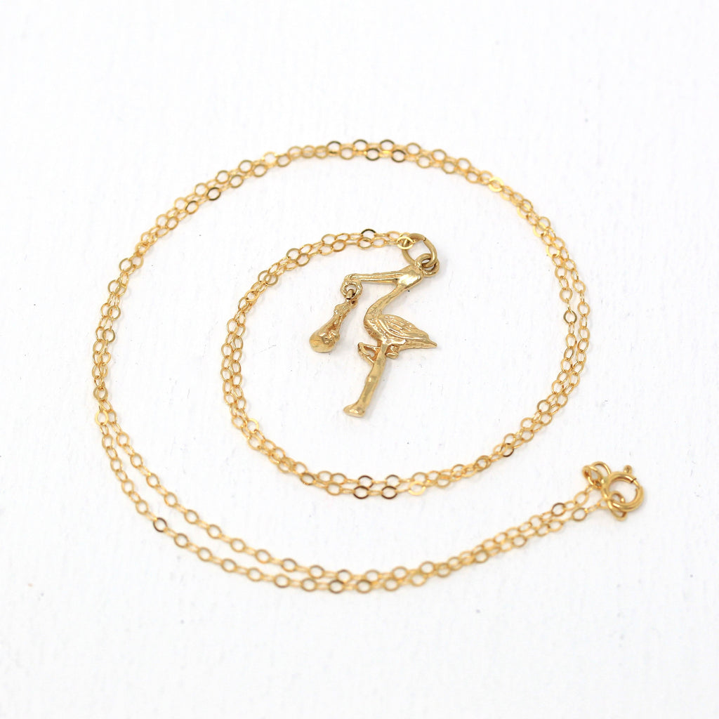 Sale - Vintage Stork Charm - Retro Era 14k Yellow Gold Baby New Mother Crane Bird Necklace Fob - Circa 1960s Mythology Pendant Fine Jewelry