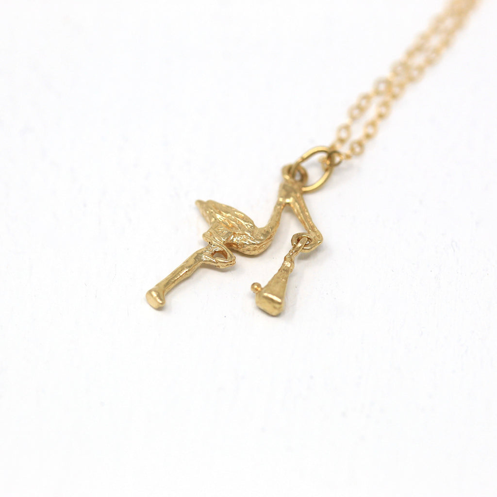 Sale - Vintage Stork Charm - Retro Era 14k Yellow Gold Baby New Mother Crane Bird Necklace Fob - Circa 1960s Mythology Pendant Fine Jewelry