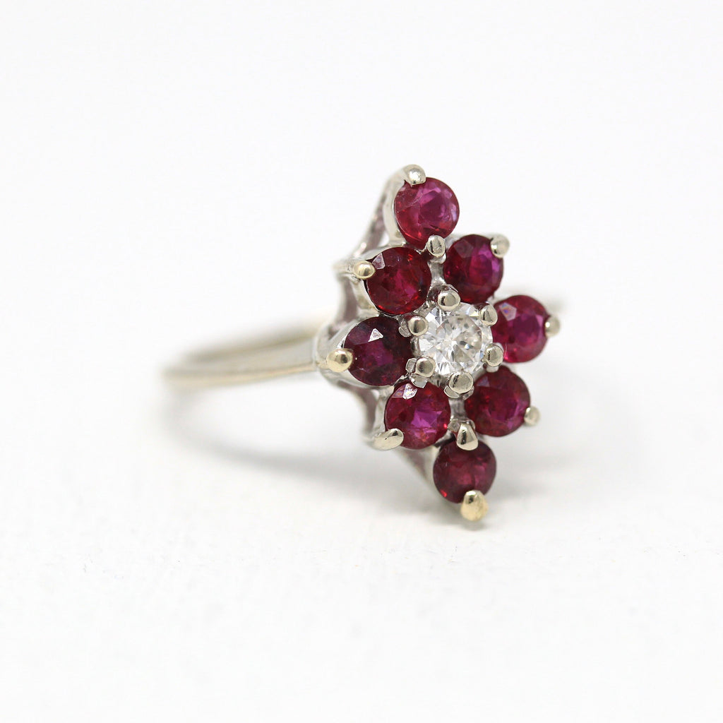 Sale - Modern Navette Ring - Estate 14k White Gold Marquise Cluster Glass Filled Ruby - Modern 2000's Size 5.25 Diamond .2 CT Fine Jewelry