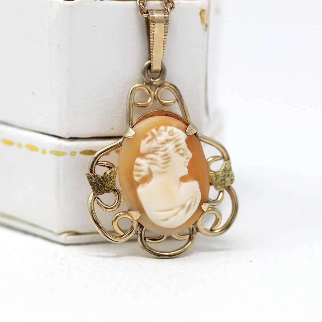 Sale - Vintage Cameo Necklace - Retro 12k Rose Gold Filled Genuine Carved Shell Woman's Profile Pendant - Circa 1940s Era Statement Jewelry