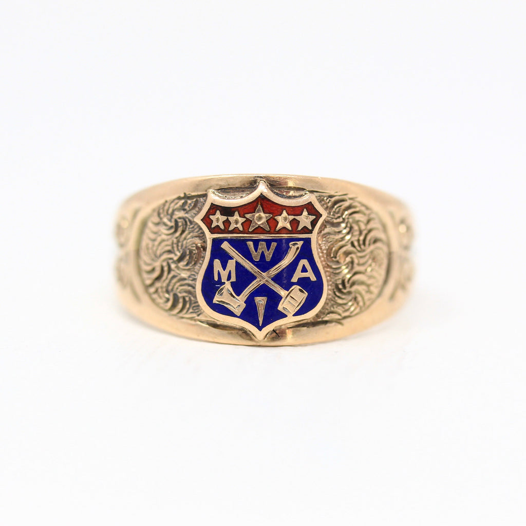 Sale - Modern Woodmen of America Ring - Edwardian 10k Rose Gold MWA Enamel Axes - Antique Circa 1910s Era Size 9 3/4 Fine Shield Jewelry