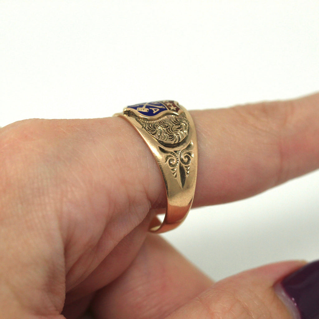 Sale - Modern Woodmen of America Ring - Edwardian 10k Rose Gold MWA Enamel Axes - Antique Circa 1910s Era Size 9 3/4 Fine Shield Jewelry