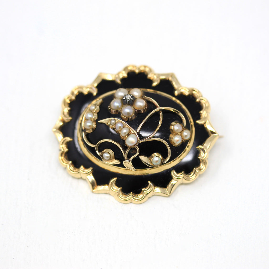 Sale - Antique Hair Brooch - Victorian Gold Shell Black Enamel Cultured Pearls Pin - Circa 1880s Era Genuine Rose Cut Diamond Flower Jewelry