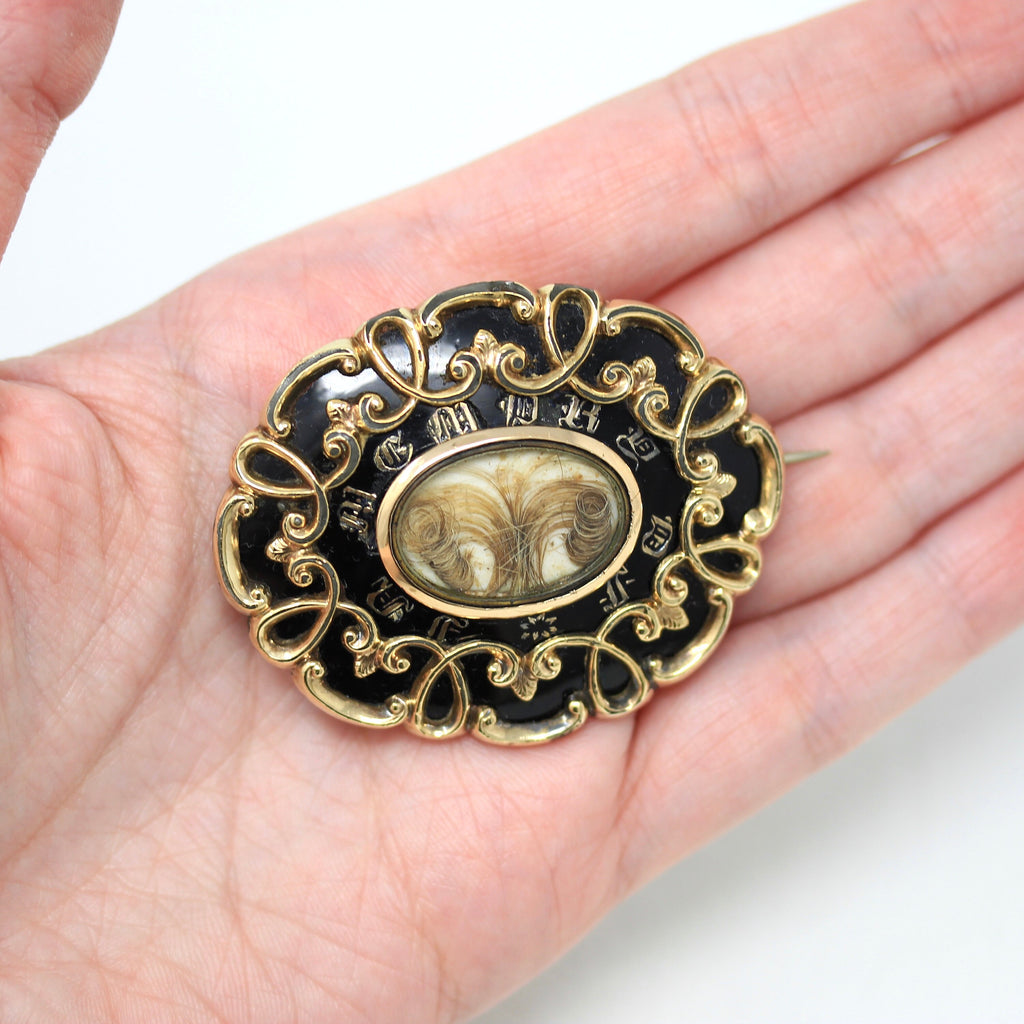 Sale - Victorian Mourning Brooch - Antique Gold Shell Enamel "In Memory Of" Pin - Dated May 28th 1857 H. Collings Hair Art Memorial Jewelry