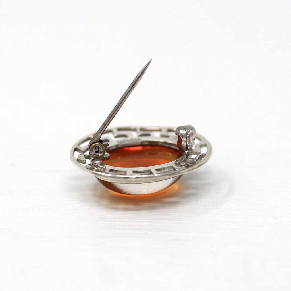 Sale - Dragon's Breath Brooch - Retro Sterling Silver Orange Purple Oval Art Glass Pin - Vintage 1940s Greek Key Fashion Accessory Jewelry