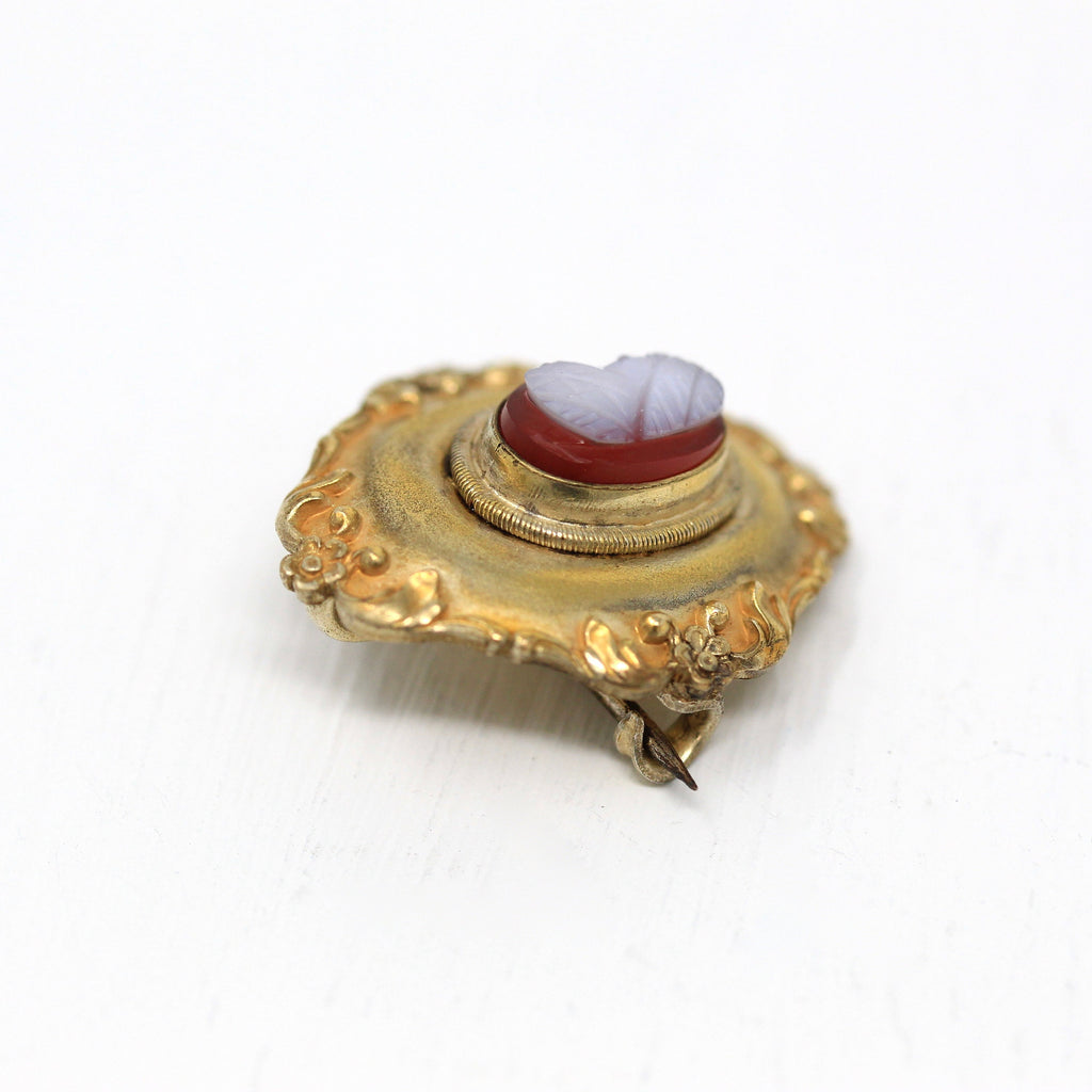 Sale - Antique Cameo Brooch - Edwardian Gold Filled Carved Genuine Sardonyx Gem Watch Pin - Vintage Circa 1910s Era Lapel Accessory Jewelry