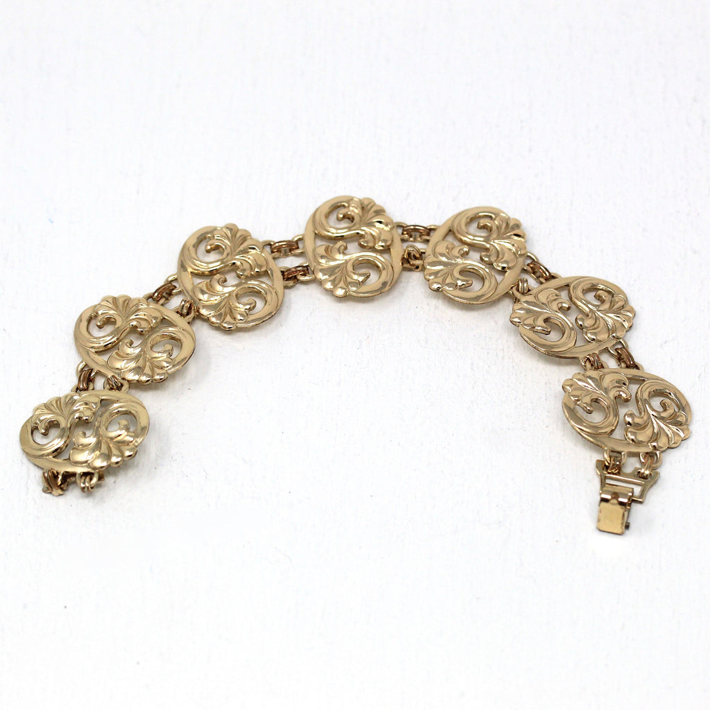 Sale - Vintage Flower Bracelet - Mid Century Retro 12k Gold Filled Repoussé Floral Linked Panel - Circa 1950s Signed WRE Richards Co Jewelry