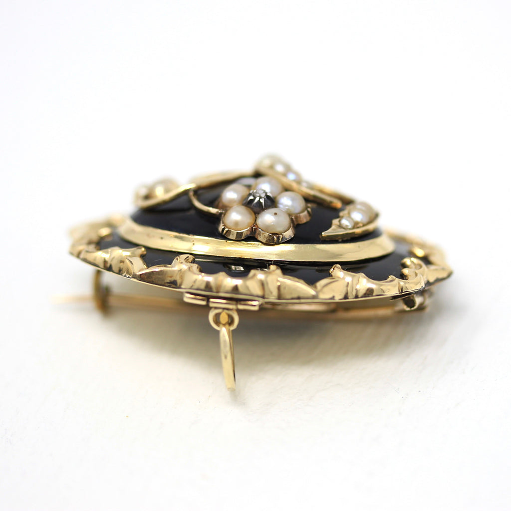 Sale - Antique Hair Brooch - Victorian Gold Shell Black Enamel Cultured Pearls Pin - Circa 1880s Era Genuine Rose Cut Diamond Flower Jewelry