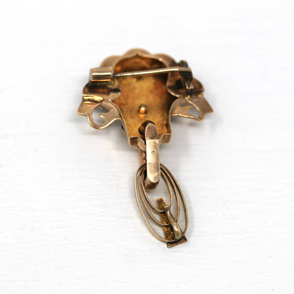 Sale - Antique Brooch Pin - Victorian 10k Rose Gold Black Enamel Seed Pearls Lapel Watch Pin - Vintage 1890s Era Fashion Accessory Jewelry