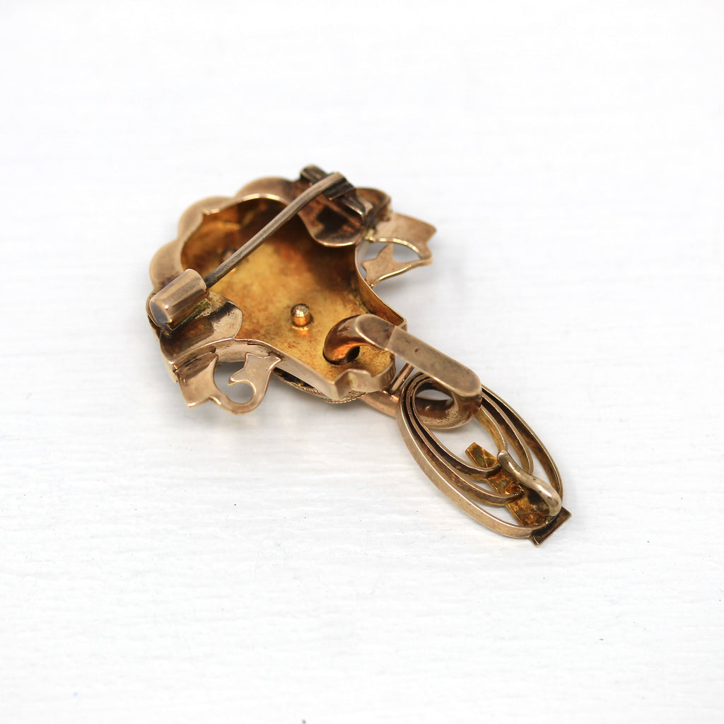 Sale - Antique Brooch Pin - Victorian 10k Rose Gold Black Enamel Seed Pearls Lapel Watch Pin - Vintage 1890s Era Fashion Accessory Jewelry