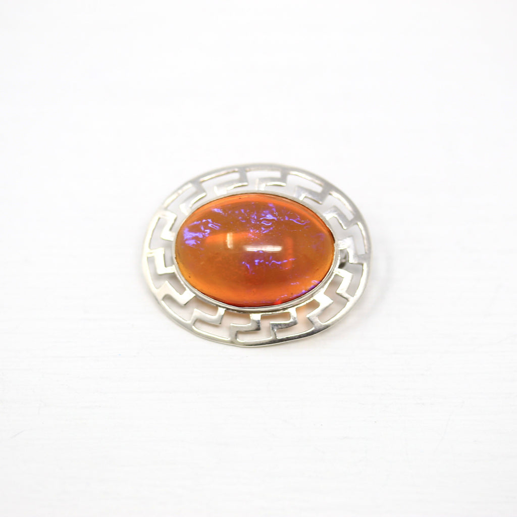 Sale - Dragon's Breath Brooch - Retro Sterling Silver Orange Purple Oval Art Glass Pin - Vintage 1940s Greek Key Fashion Accessory Jewelry