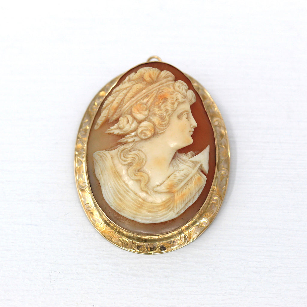 Sale - Antique Cameo Brooch - Edwardian 10k Yellow Gold Carved Shell Pendant Necklace - Circa 1910s Era Statement Fashion Accessory Jewelry