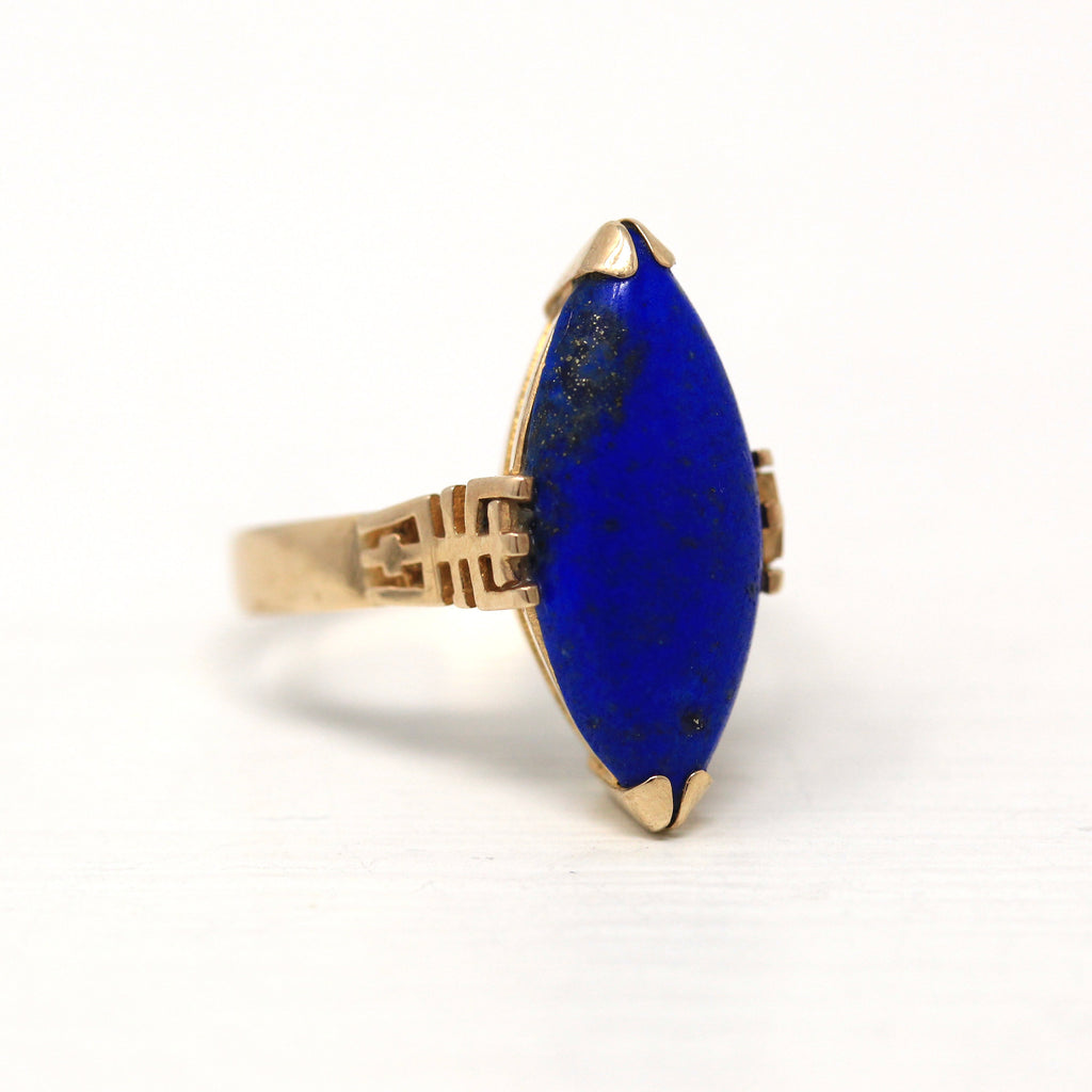 Sale - Lapis Lazuli Ring - Retro 14k Yellow Gold Genuine Marquise Cut Dark Blue Gem - Vintage Circa 1960s Size 4 Statement 60s Fine Jewelry