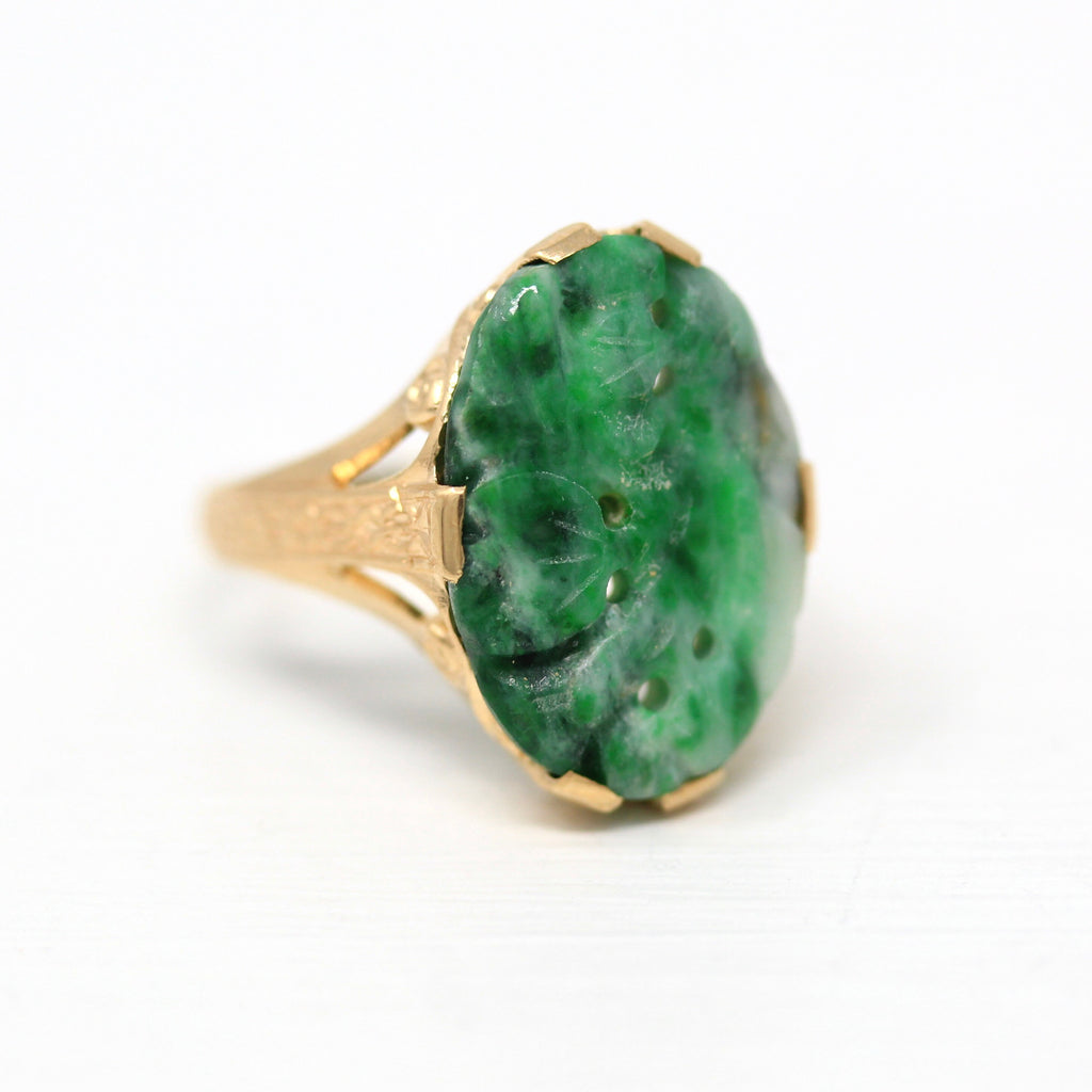 Sale - Genuine Jadeite Jade Ring - Vintage 10k Yellow Gold Carved Flower Green Gemstone - Art Deco Era Circa 1930s Size 4.25 Fine Jewelry