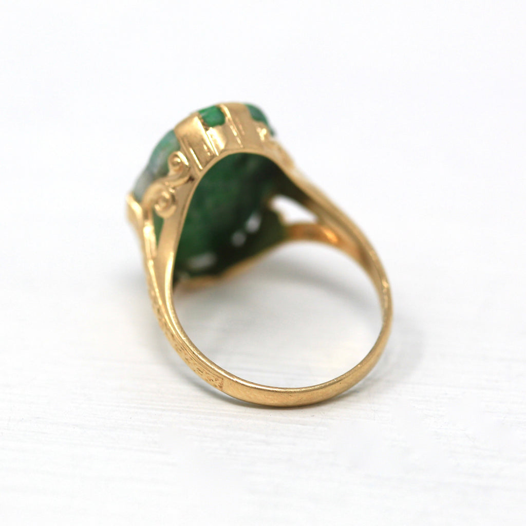 Sale - Genuine Jadeite Jade Ring - Vintage 10k Yellow Gold Carved Flower Green Gemstone - Art Deco Era Circa 1930s Size 4.25 Fine Jewelry