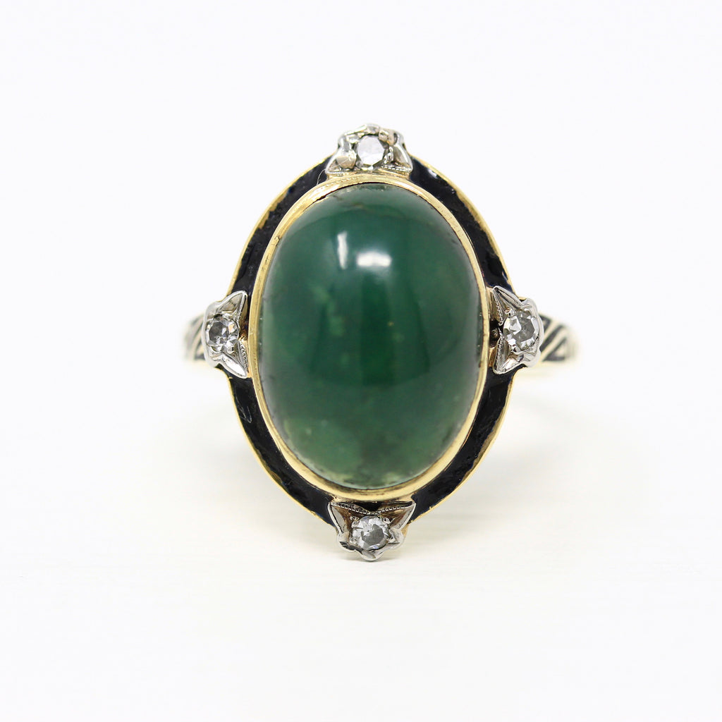 Sale - Antique Green Turquoise Ring - 14k Yellow Gold 8.29 Carat Cabochon Gem - Art Deco Size 7 3/4 1930s Black Enamel Diamond Halo Jewelry
