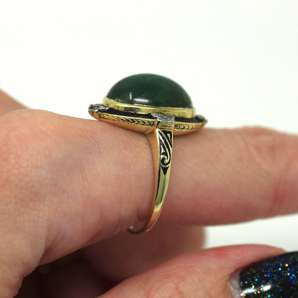 Sale - Antique Green Turquoise Ring - 14k Yellow Gold 8.29 Carat Cabochon Gem - Art Deco Size 7 3/4 1930s Black Enamel Diamond Halo Jewelry