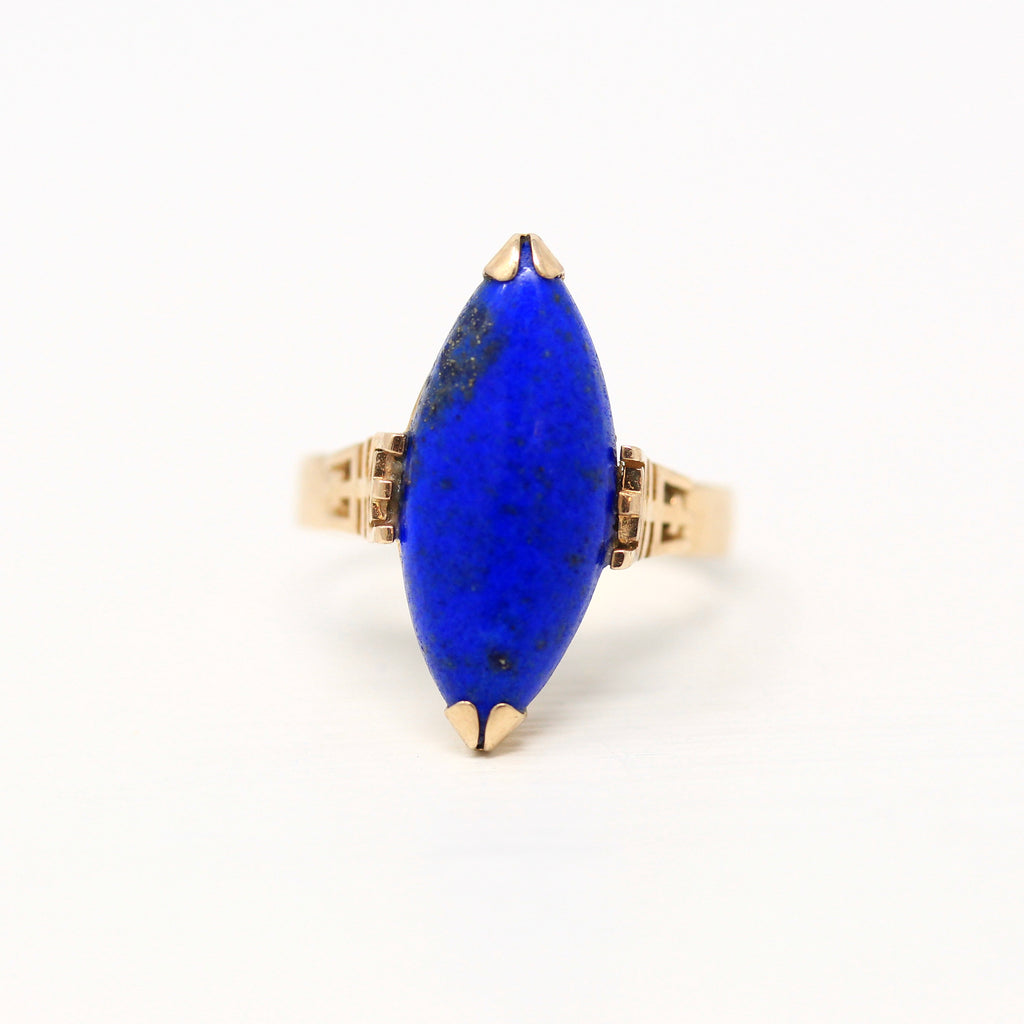Sale - Lapis Lazuli Ring - Retro 14k Yellow Gold Genuine Marquise Cut Dark Blue Gem - Vintage Circa 1960s Size 4 Statement 60s Fine Jewelry