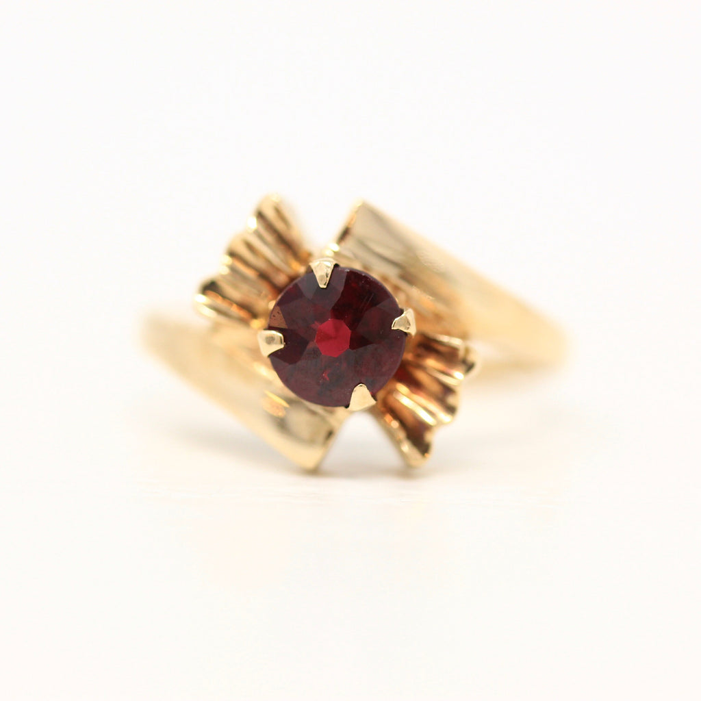 Sale - Genuine Garnet Ring - Retro 10k Yellow Gold Round Faceted .79 CT Genuine Red Gem - Vintage Circa 1960s Era Size 6 Solitaire Jewelry