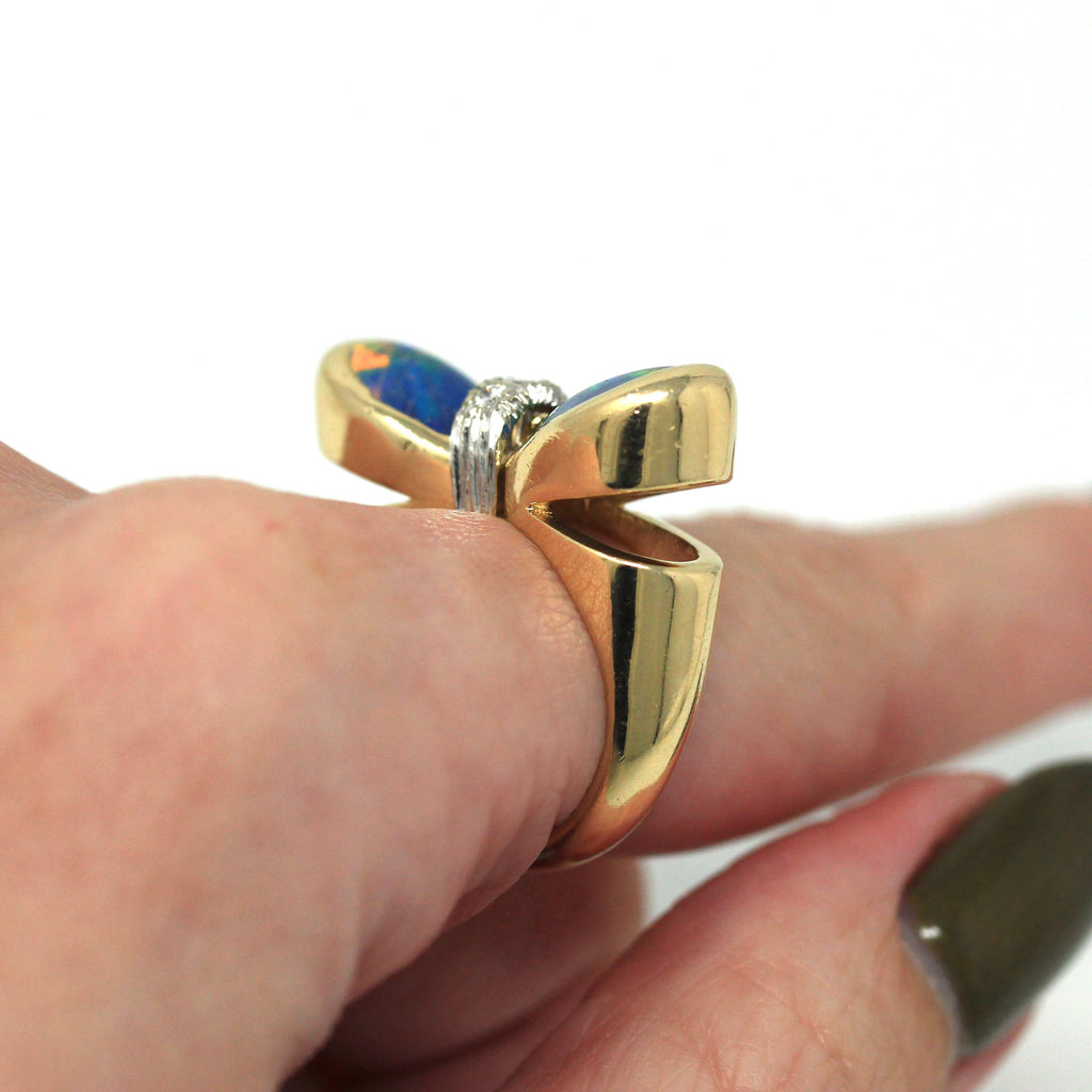 Sale - Opal Triplet Ring - Estate 14k Yellow Gold Oval Bezel Set Blue Gems Statement - Modern Size 5.5 Bow Ribbon Motif Diamond Fine Jewelry