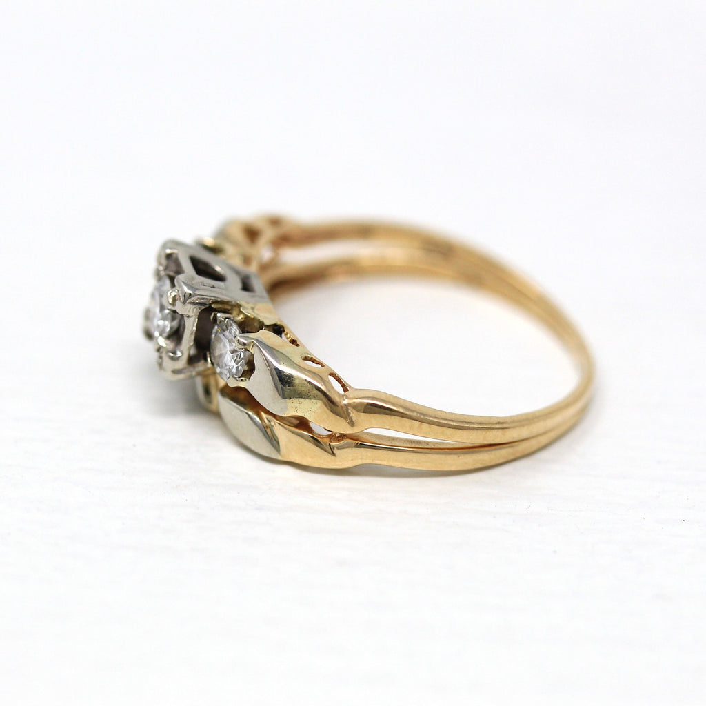 Sale - Wedding Ring Set - Retro 14k Yellow & White Gold Genuine .31 CTW Diamonds - Vintage Circa 1940s Era Size 5 1/4 Bridal Set 40s Jewelry