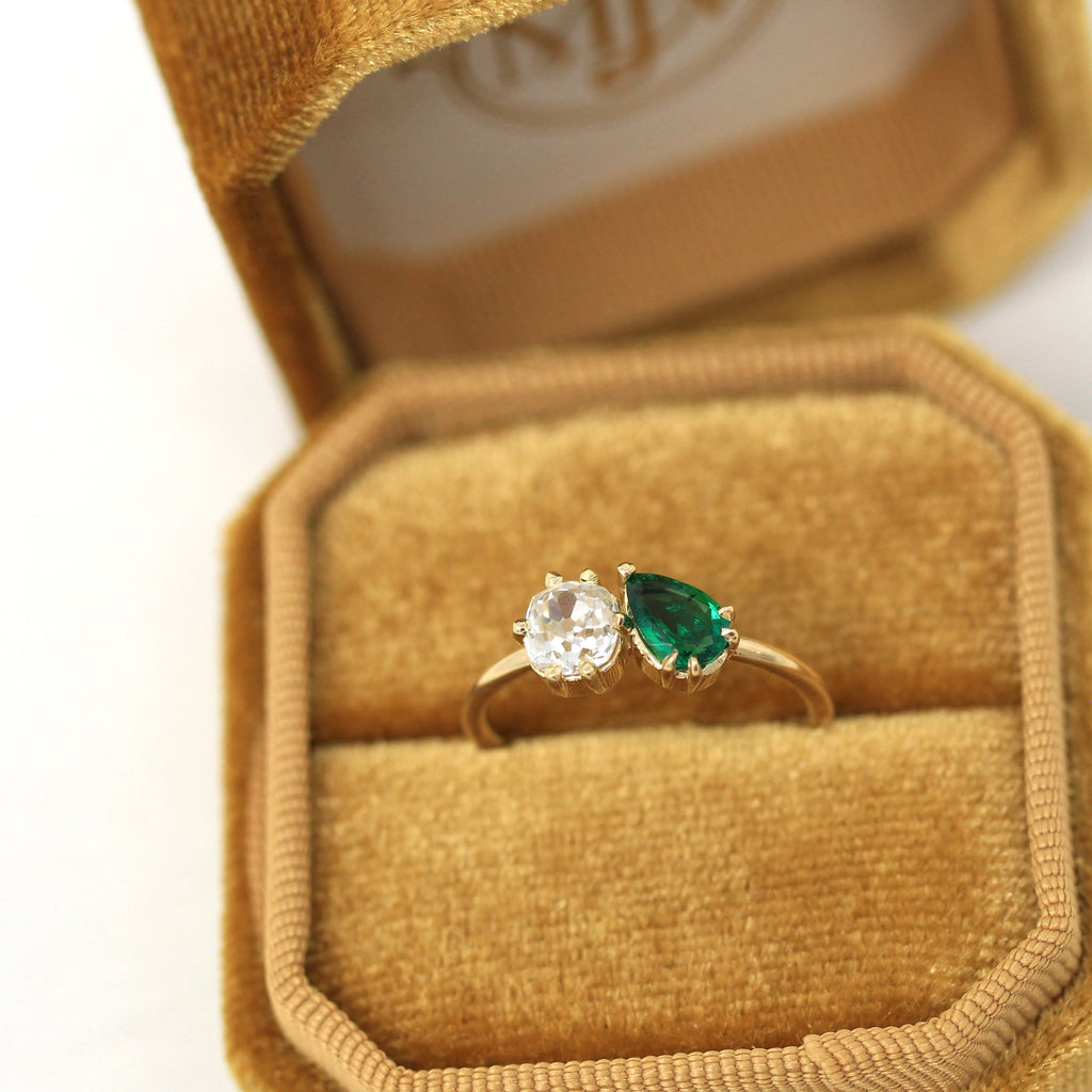 Antique Diamond & Emerald Ring - 14k Yellow Gold .72 CT Old Mine Two Stone Engagement - Size 7 Vintage Fine Handcrafted MJV Design Jewelry