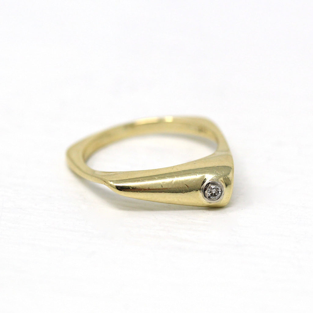 Sale - Modernist Diamond Ring - Retro 14k Yellow Gold .02 CT Bezel Set Diamond Gem - Vintage Circa 1970s Size 6.5 Folded Flat Fine Jewelry