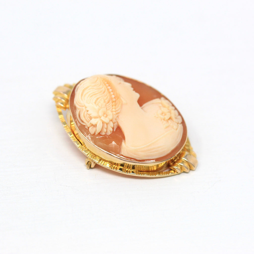 Sale - Vintage Cameo Brooch - Late Art Deco Era 10k Yellow Gold Carved Oval Shell Pin - Circa 1930s Women's Face Flower Elegant Fine Jewelry