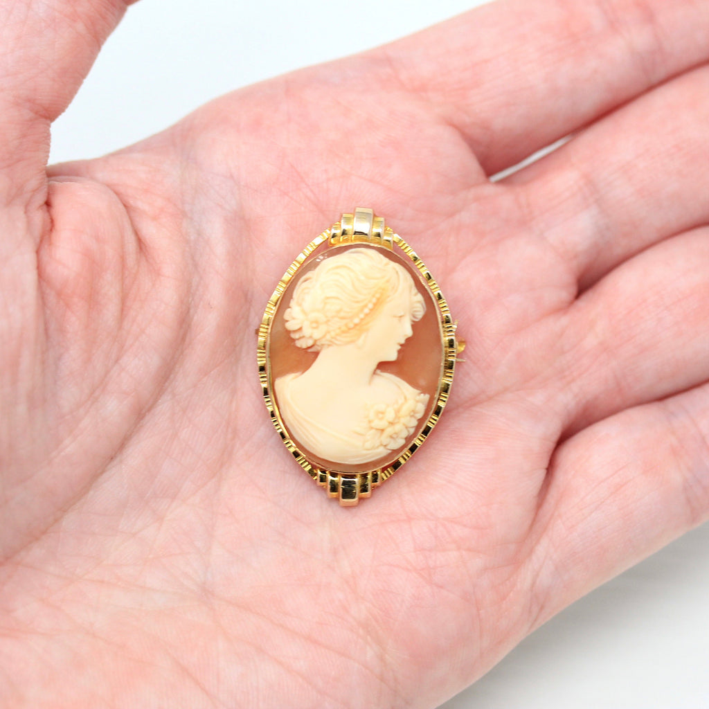 Sale - Vintage Cameo Brooch - Late Art Deco Era 10k Yellow Gold Carved Oval Shell Pin - Circa 1930s Women's Face Flower Elegant Fine Jewelry