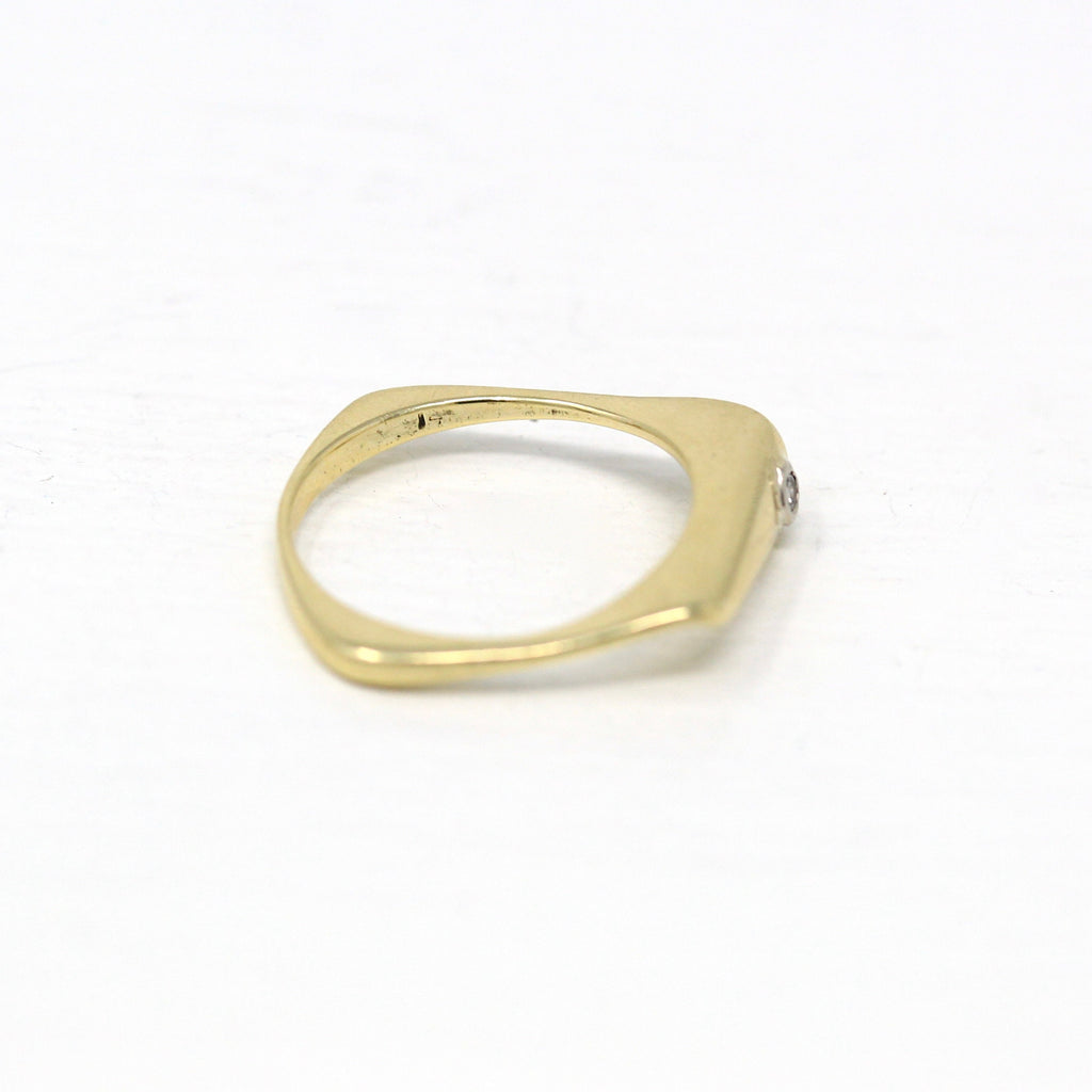 Sale - Modernist Diamond Ring - Retro 14k Yellow Gold .02 CT Bezel Set Diamond Gem - Vintage Circa 1970s Size 6.5 Folded Flat Fine Jewelry