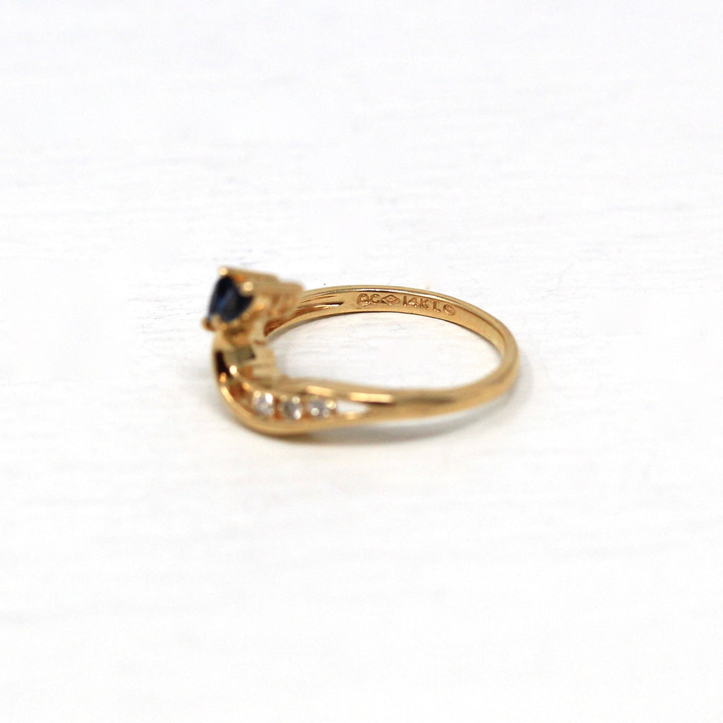 Sale - Created Sapphire Ring - Estate 14k Yellow Gold Genuine .03 CTW Diamonds Channel Set - Modern Circa 1990s Era Size 4 1/4 Leaf Jewelry