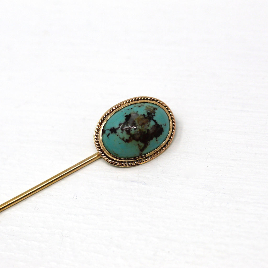 Sale - Antique Stick Pin - Edwardian 14k Yellow Gold Genuine Cabochon Cut Turquoise Blue Gem - 1900s Era Fashion Accessory Neckwear Jewelry