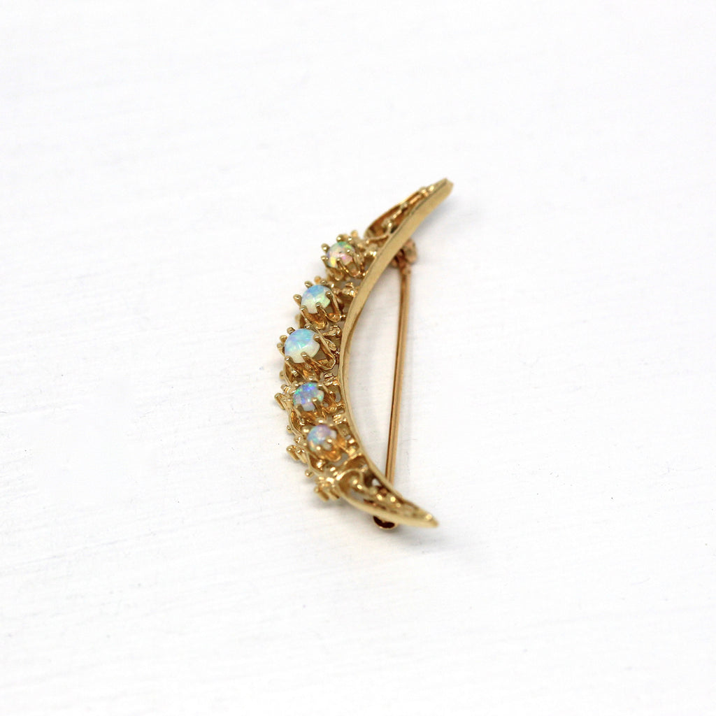 Sale - Crescent Moon Brooch - Retro 14k Yellow Gold Genuine Opal Gems Pin - Vintage Circa 1960s Era Fashion Accessory Fine Celestial Jewelry