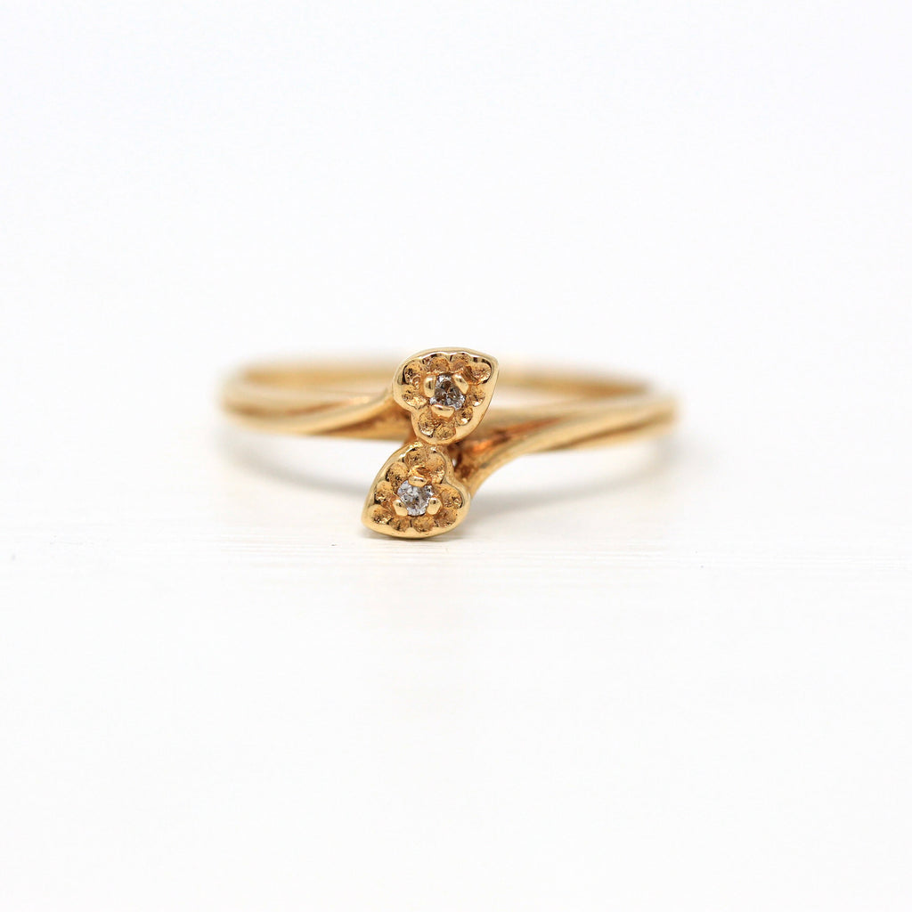 Sale - Diamond Heart Ring - Retro 14k Yellow Gold Bypass Style .02 CTW Gem - Vintage Circa 1970s Era Size 6 1/2 April Birthstone 70s Jewelry
