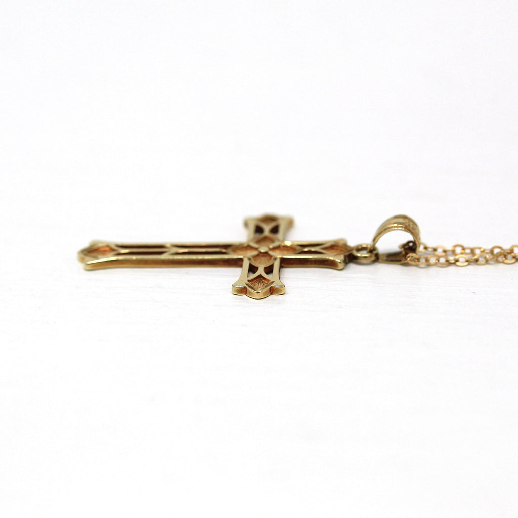 Sale - Vintage Cross Pendant - Retro 14k Yellow Gold Flower Necklace Charm - Circa 1960s Era Religious Faith Fine Crucifix Statement Jewelry