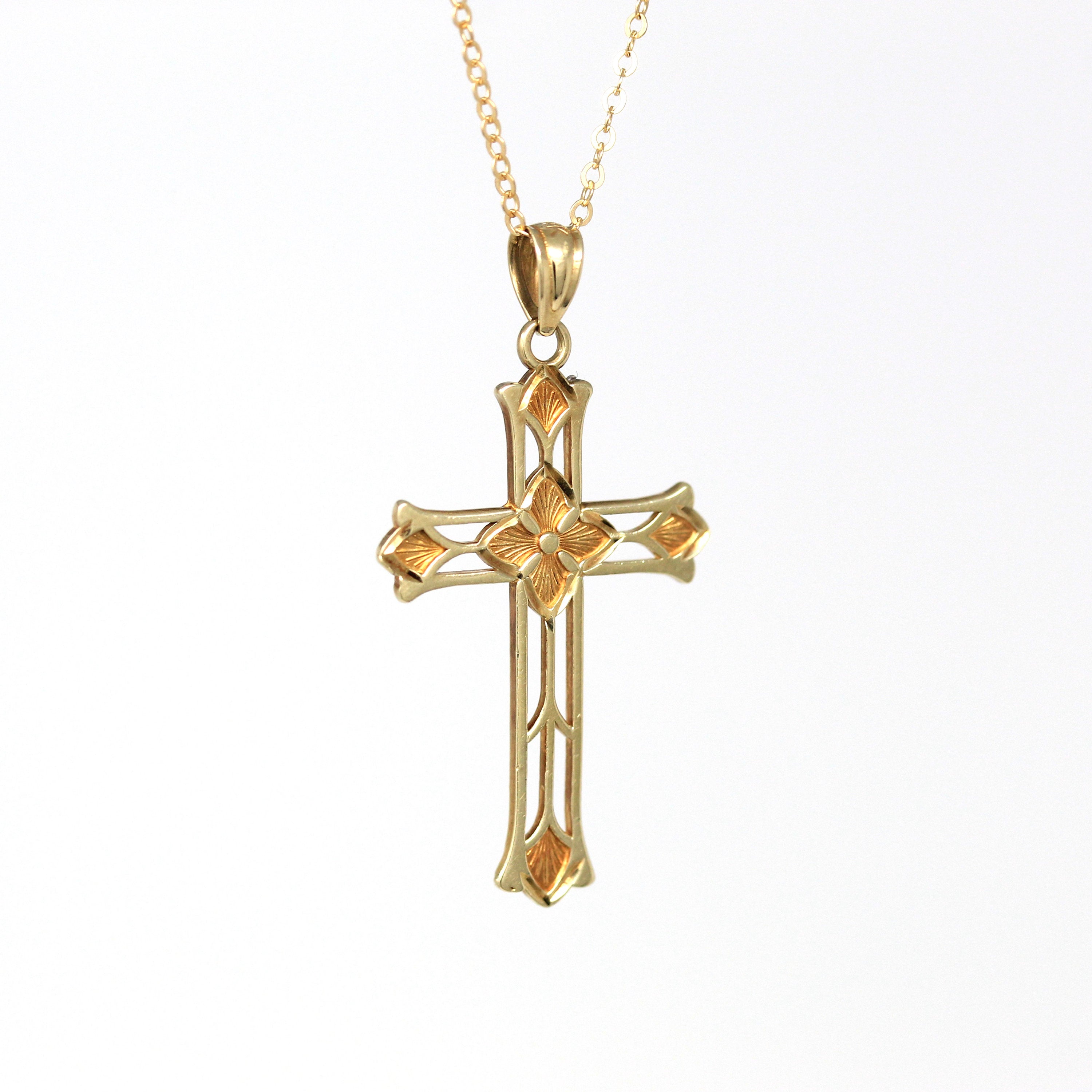 Sale - Vintage Cross Pendant - Retro 14k Yellow Gold Flower Necklace Charm  - Circa 1960s Era Religious Faith Fine Crucifix Statement Jewelry