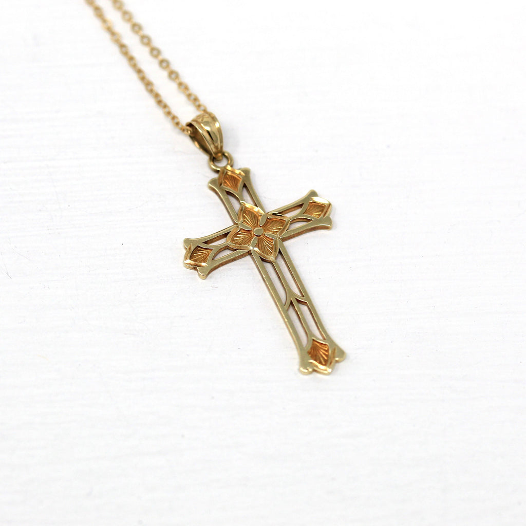 Sale - Vintage Cross Pendant - Retro 14k Yellow Gold Flower Necklace Charm - Circa 1960s Era Religious Faith Fine Crucifix Statement Jewelry