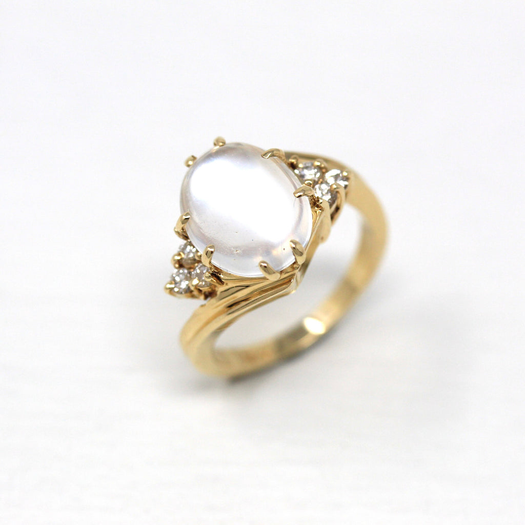 Sale - Moonstone & Diamond Ring - Retro 14k Yellow Gold Oval Cabochon Cut 2.70 Gem - Vintage Circa 1970s Size 4 3/4 Statement Fine Jewelry