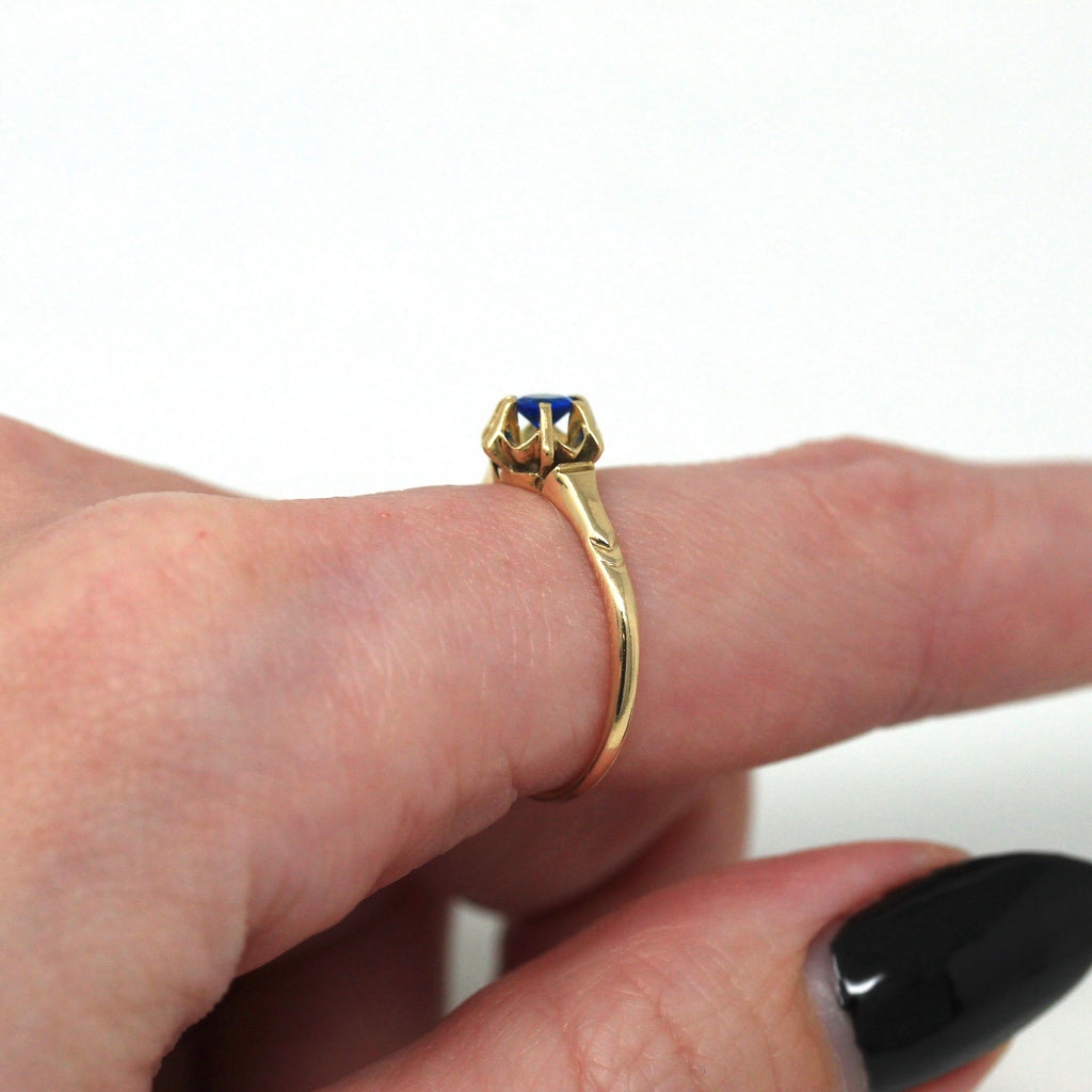Sale - Created Spinel Ring - Retro 14k Yellow Gold Round Faceted .19 CT Blue Stone - Vintage Circa 1960s Era Size 5 3/4 Solitaire Jewelry