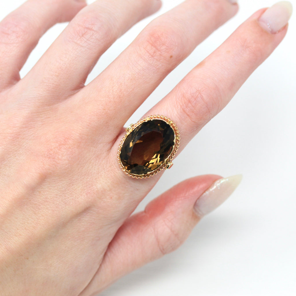 Sale - Smoky Quartz Ring - Retro 14k Yellow Gold Oval Faceted 13.01 CT Brown Gem - Vintage Circa 1970s Era Size 5 1/4 Statement 70s Jewelry