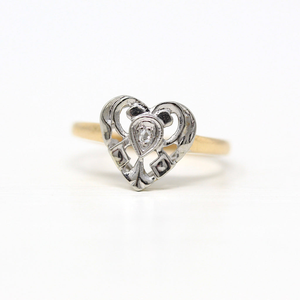 Sale - Diamond Heart Ring - Retro 14k Yellow & White Gold Genuine .005 CT Gem - Vintage Circa 1940s Size 5 3/4 Promise Two Tone Fine Jewelry