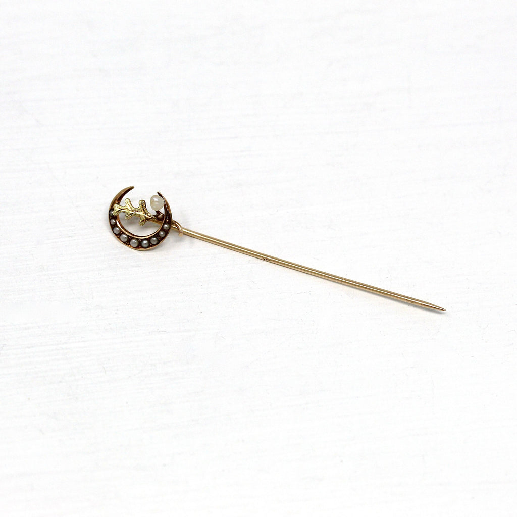 Sale - Antique Stick Pin - Edwardian 10k Yellow Gold Crescent Moon Oak Leaf Seed Pearl - 1910s Era Fashion Accessory Neckwear Device Jewelry